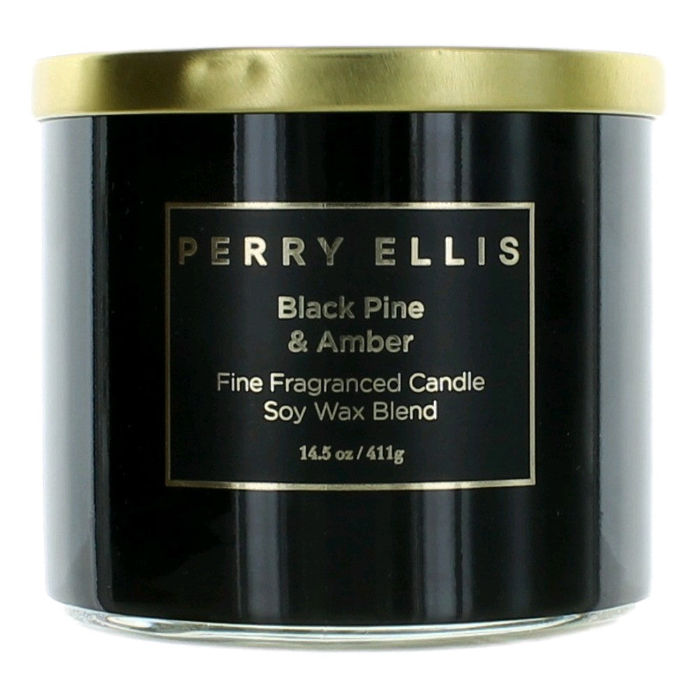 Bottle of Perry Ellis 14.5 oz Soy Wax Blend 3 Wick Candle - Black Pine & Amber